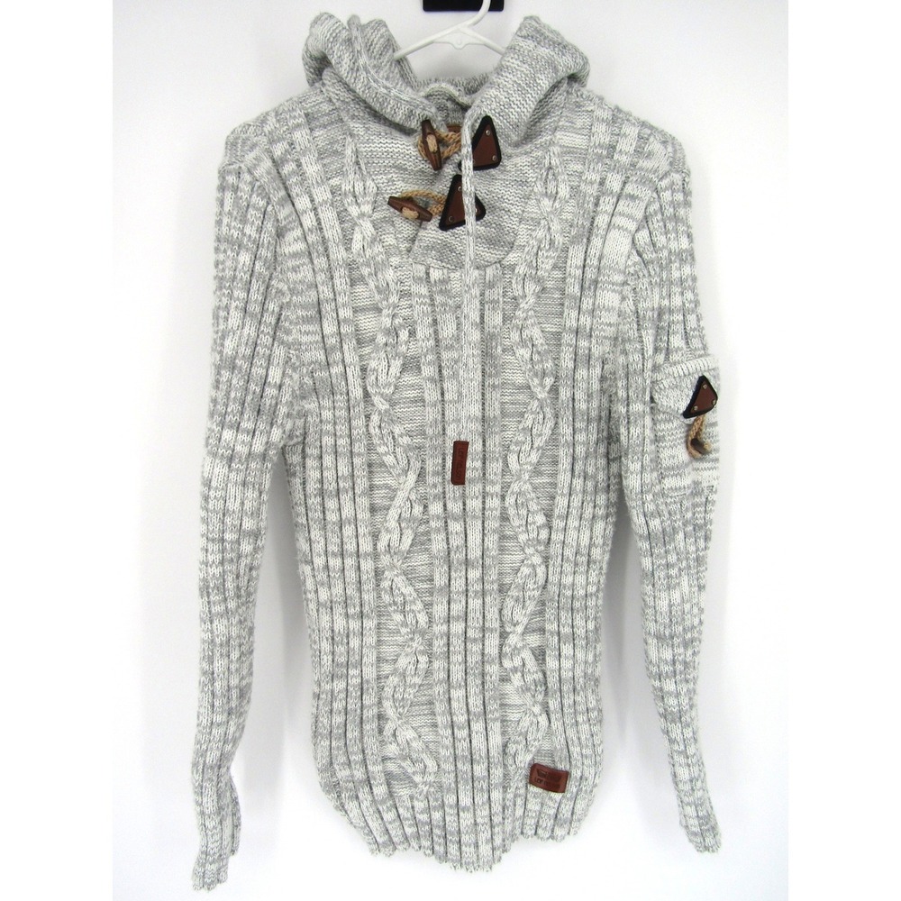 Leif Nelson Cable Knit Hoodie Mens XXL Grey Toggle Shawl Neck Sweater